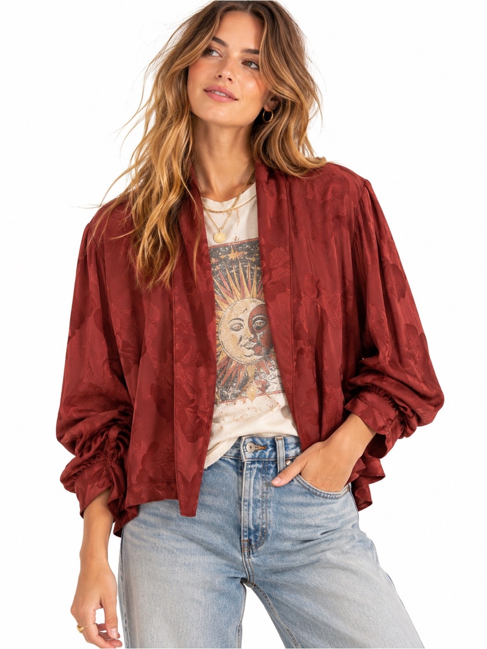 New Free People Floral Jacquard Jacket Burgundy Red Boho Kimono wine rust Small